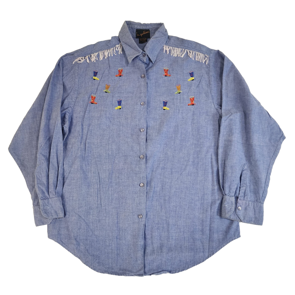 VTG Chambray Western Shirt Embroidered Boots Size Large #1450 - Picture 2 of 16